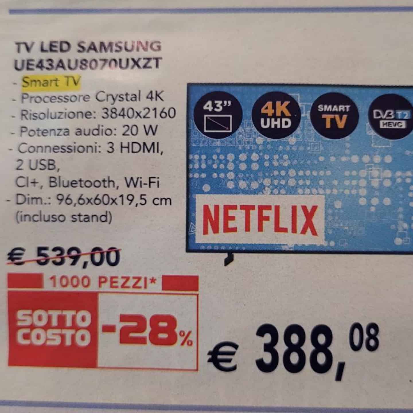 Smart TV 4K Samsung 43AU8070 offerta Esselunga sottocosto 30 settembre 2021