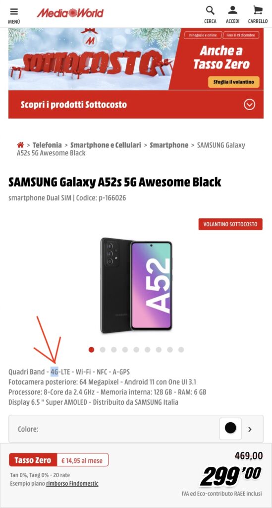 Samsung Galaxy A52s sito MediaWorld