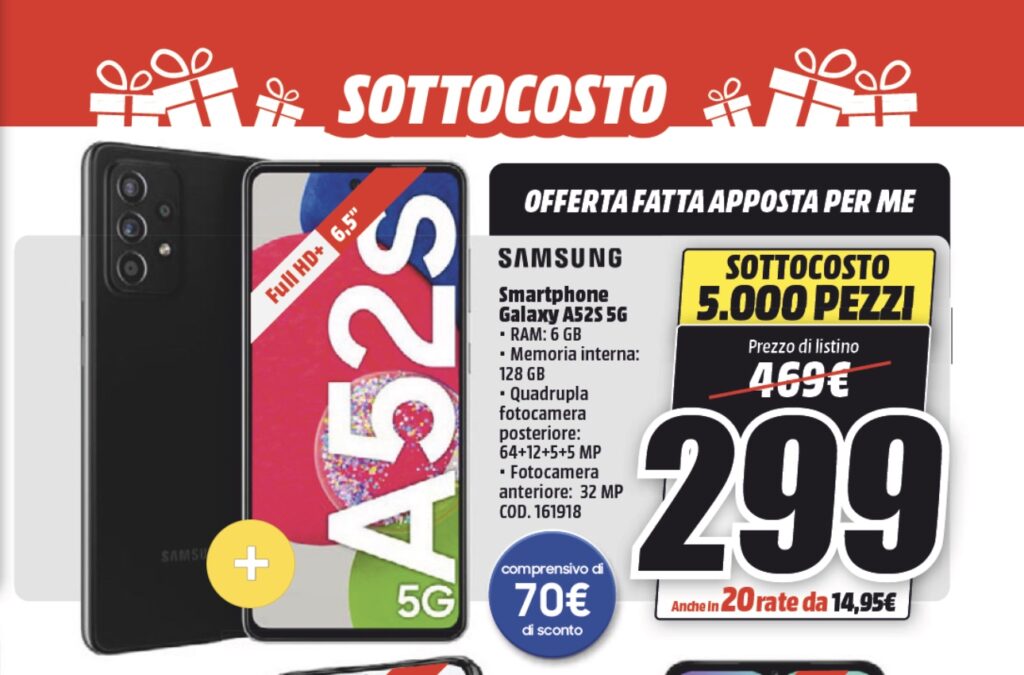 Samsung Galaxy A52s sottocosto MediaWorld Natale 2021