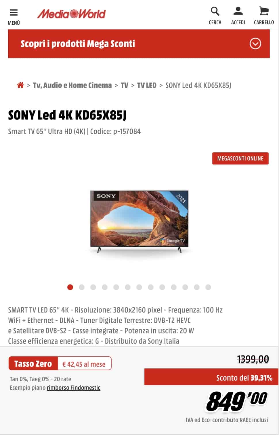 Smart TV 4K Sony KD65X85J
