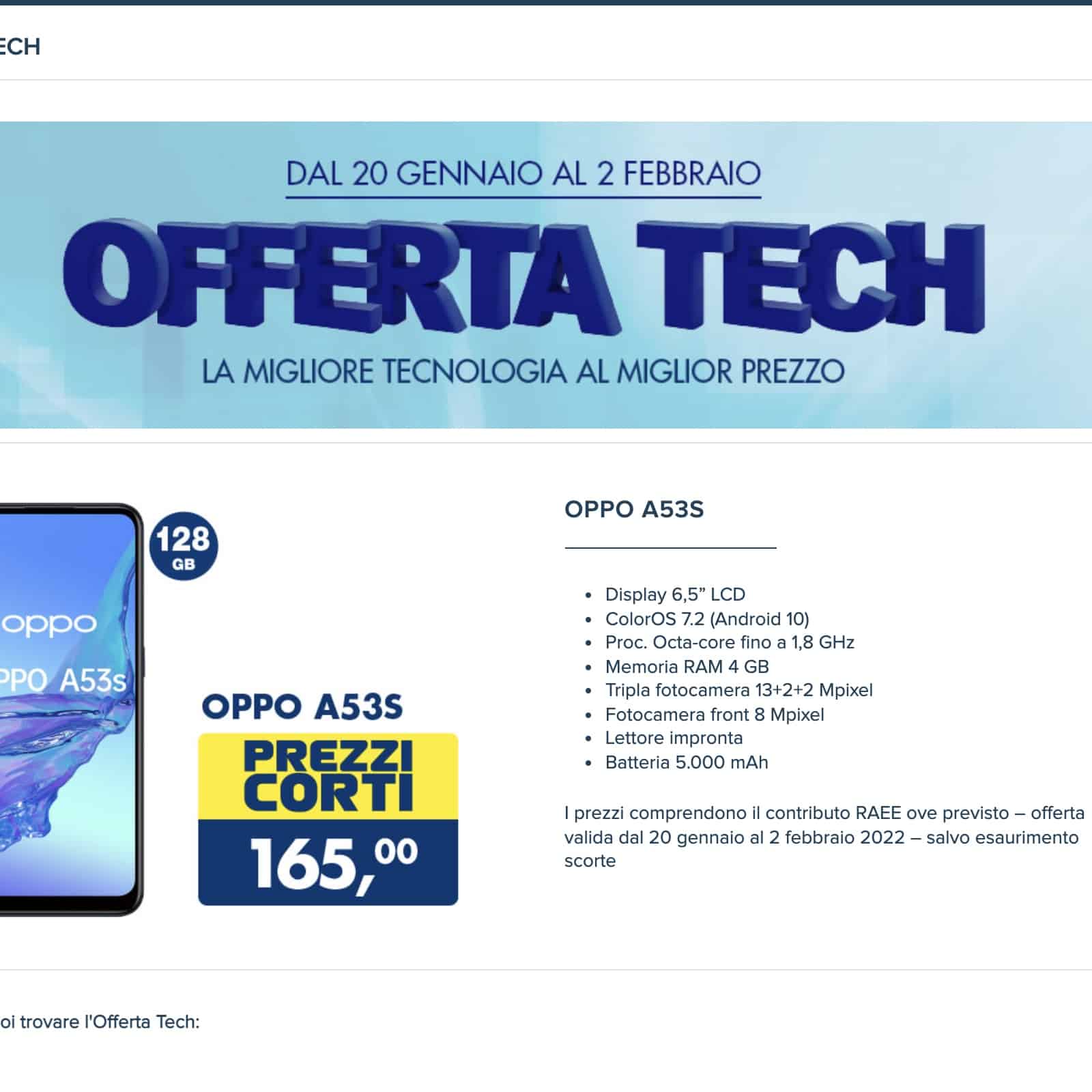 OPPO A53S Offerta Tech Esselunga 20 gennaio 2022