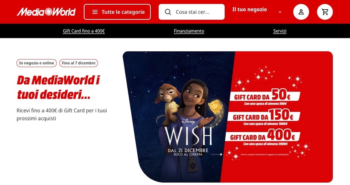 Promo Gift Card MediaWorld di Natale 2023: fino a 400 Euro in regalo entro il 7 dicembre con Disney Wish, ecco come averli!